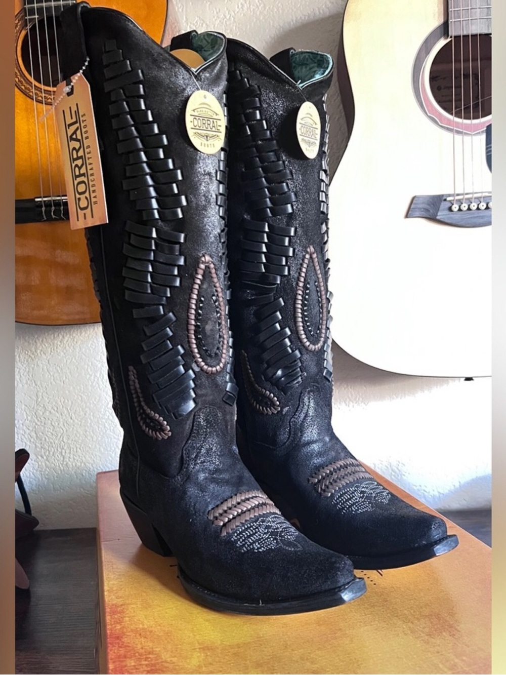 NWT Corral Women's Black Floral Embroidery Snip Toe Tall Top Cowboy Boots - Picture 4 of 8